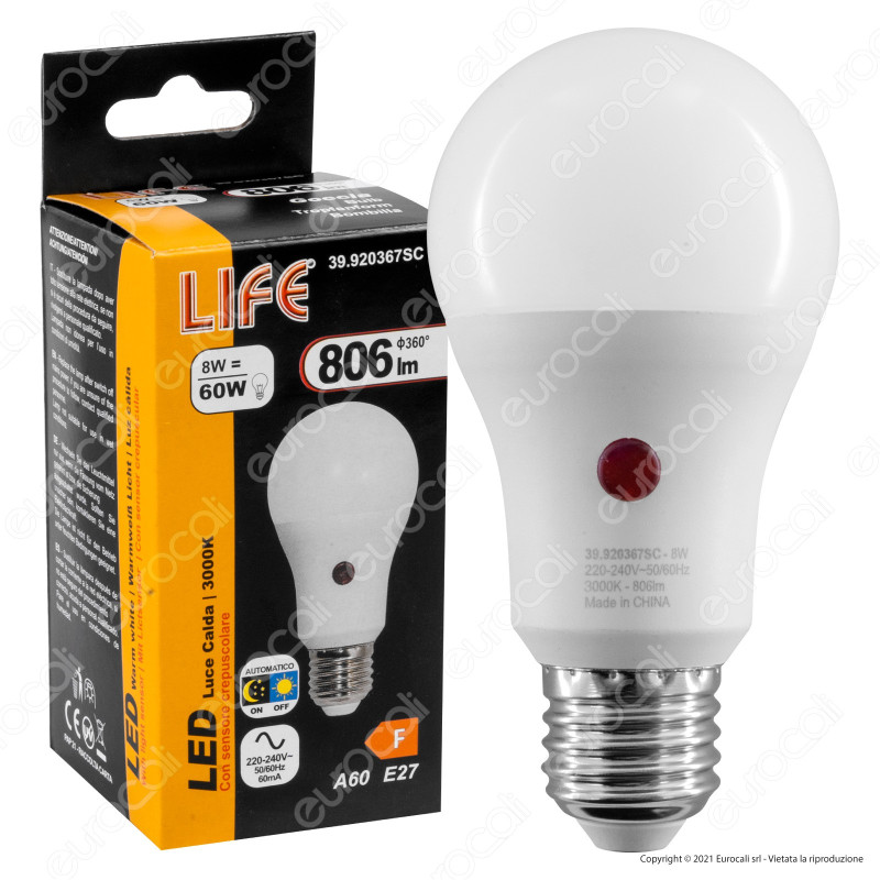 Life Lampadina LED E27 8W Bulb A60 con Sensore Crepuscolare -