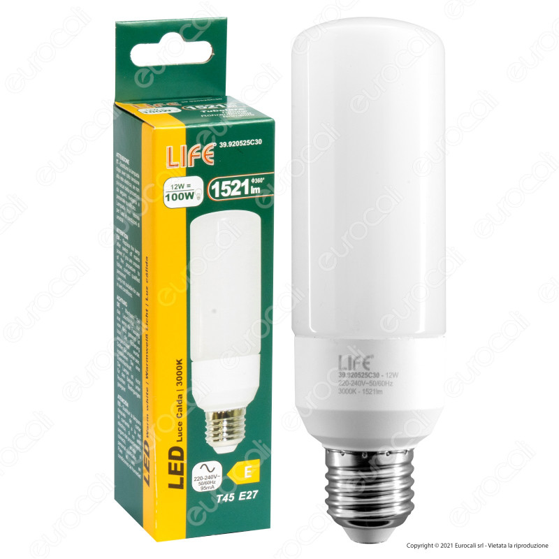 Life Lampadina LED E27 12W Tubolare T45 SMD - mod. 39.920525C30