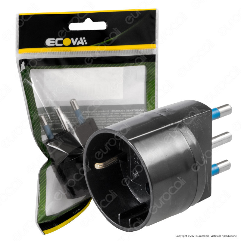 Ecova Adattatore Singolo Spina 16A 2P+T con Presa 10A 2P+T + Schuko