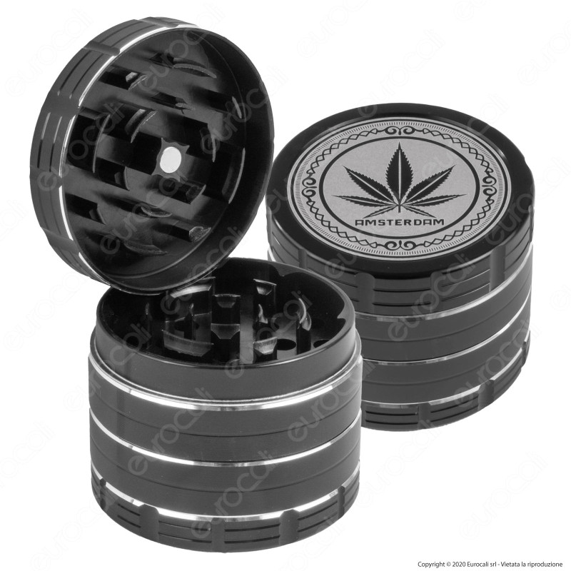 Grinder Tritatabacco 4 Parti in Metallo Fantasia Amsterdam Colore Nero
