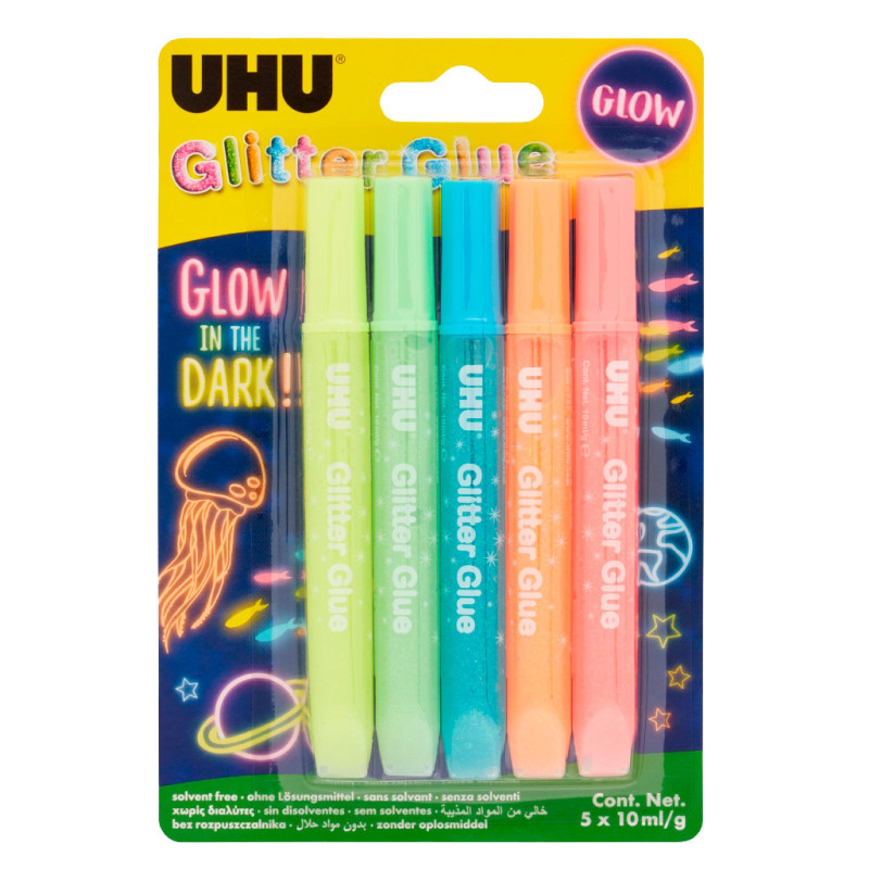 UHU Glitter Glue Glow In The Dark Colla Colorata Fosforescente a