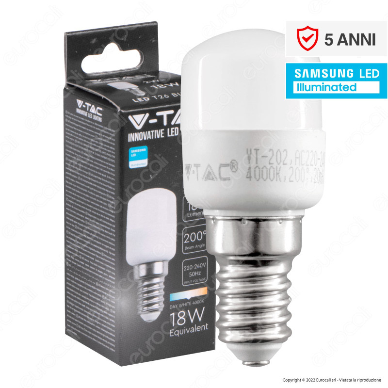 V-Tac VT-202 Lampadina LED E14 2W Tubolare T26 SMD Chip Samsung