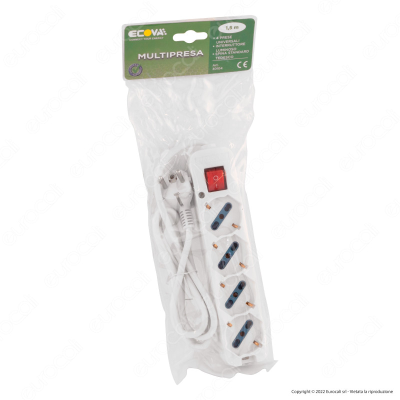 Multipresa Universale 4 Posti con Interruttore Luminoso - 1,5m Ecova
