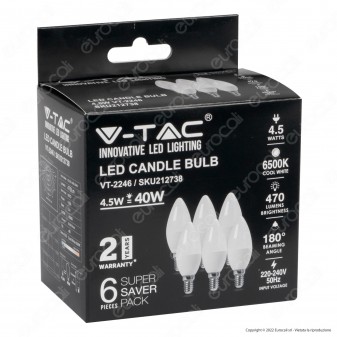 V-Tac VT-2246 Super Saver Pack 6x Lampadina LED E14 4.5W Candle