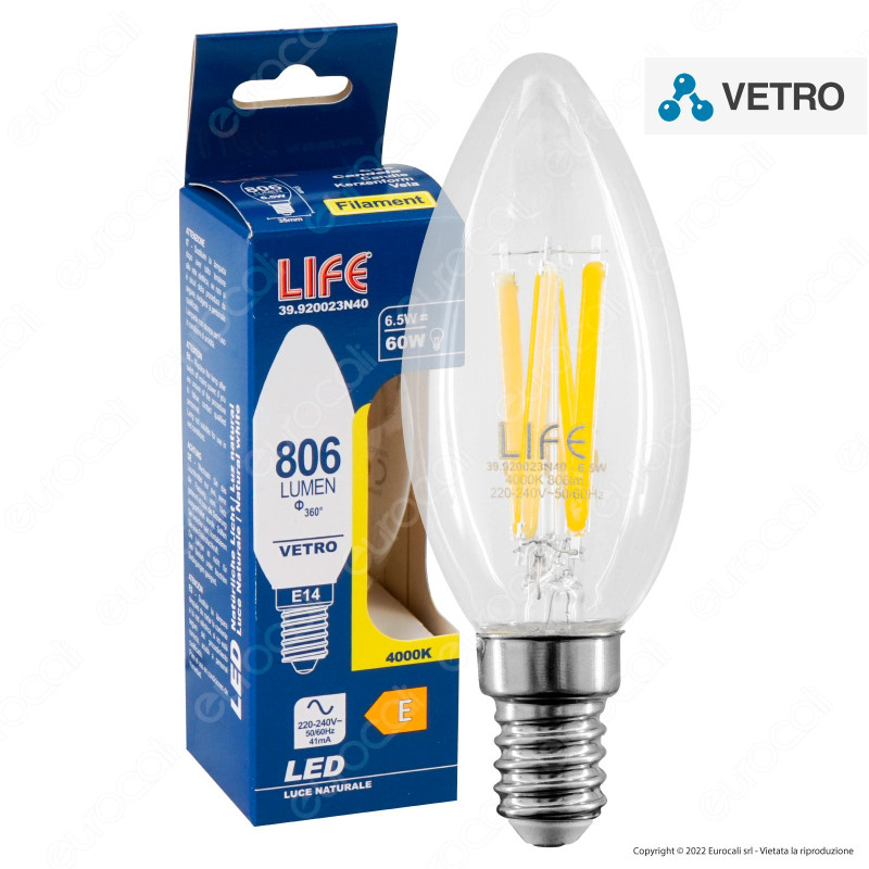 Life Lampadina LED E14 Filament 6.5W Candle C35 Candela in