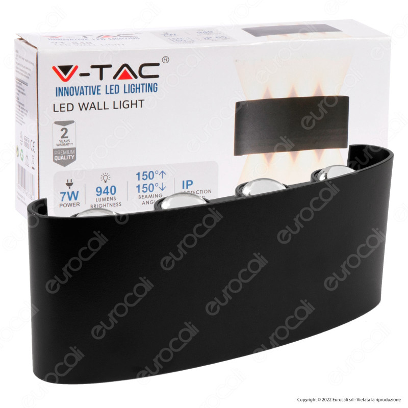 V-Tac VT-848 Lampada LED da Muro 7W Wall Light Nera con 8 LED
