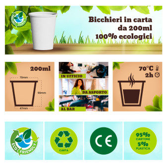 Bicchieri in Carta Riciclabile Colore Bianco da 200ml - Confezione da 50 Bicchieri