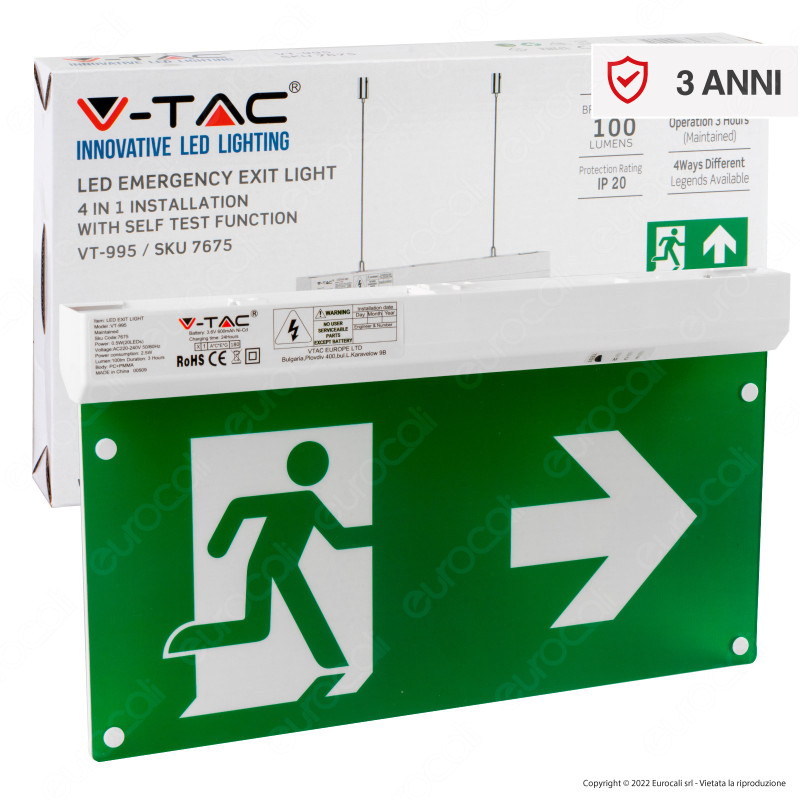 V-Tac VT-995 Lampada LED per Uscita di Emergenza 2.5W SMD con Funzione Self Test - SKU 7675