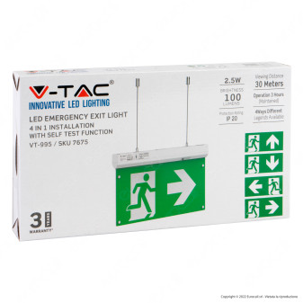 V-Tac VT-995 Lampada LED per Uscita di Emergenza 2.5W SMD con Funzione Self Test - SKU 7675
