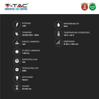 V-Tac VT-9077 Tubo LED SMD Nano Plastic T8 G13 14W Lampadina 90