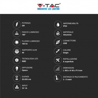 V-Tac VT-8142 Lampada LED da Armadio 2W SMD Ricaricabile Micro USB Sensore PIR di Movimento Colore