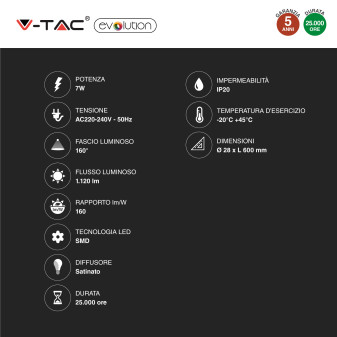 V-Tac VT-1607 Tubo LED SMD Nano Plastic T8 G13 7W Lampadina 60