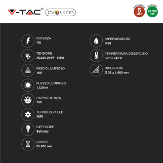V-Tac VT-1607 Tubo LED SMD Nano Plastic T8 G13 7W Lampadina 60