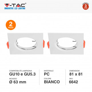 V-Tac VT-930 Super Saver Pack 2x Portafaretto Quadrato Fisso da Incasso per Lampadine GU10 e GU5.3
