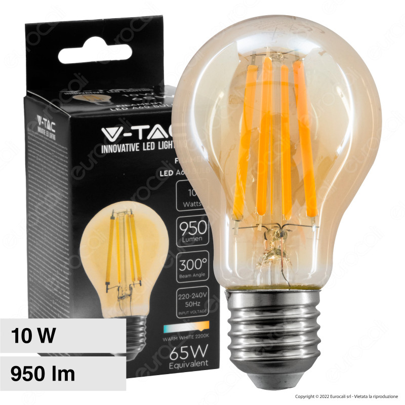 V-Tac VT-2028 Lampadina LED E27 10W Bulb A60 Goccia Filament