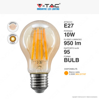 V-Tac VT-2028 Lampadina LED E27 10W Bulb A60 Goccia Filament