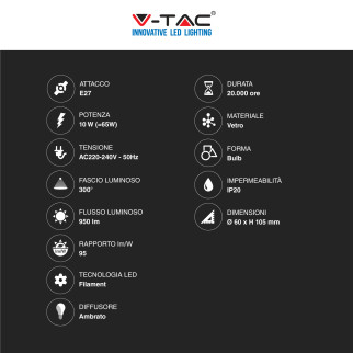 V-Tac VT-2028 Lampadina LED E27 10W Bulb A60 Goccia Filament