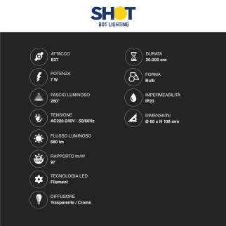 Bot Lighting Shot Lampadina LED E27 7W Bulb A60 Goccia Filament Vetro