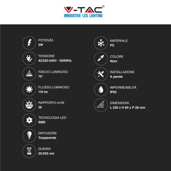 V-Tac VT-1162 Punto Luce LED SMD 3W Segnapasso Rettangolare a