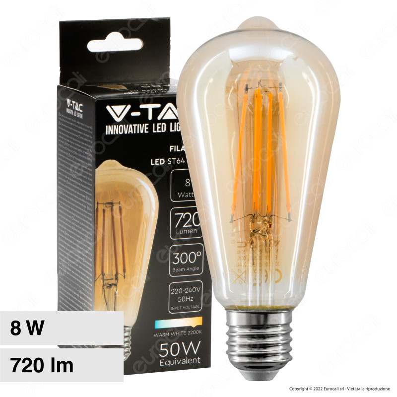 V-Tac VT-1968 Lampadina LED E27 8W Bulb ST64 LED Filament Vetro