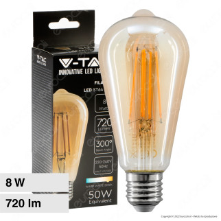 V-Tac VT-1968 Lampadina LED E27 8W Bulb ST64 LED Filament Vetro