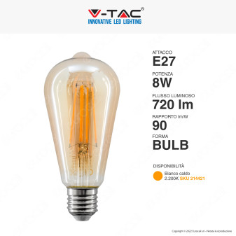V-Tac VT-1968 Lampadina LED E27 8W Bulb ST64 LED Filament Vetro