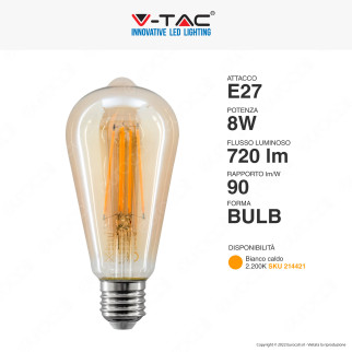 V-Tac VT-1968 Lampadina LED E27 8W Bulb ST64 LED Filament Vetro