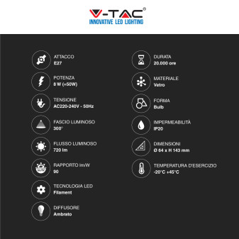 V-Tac VT-1968 Lampadina LED E27 8W Bulb ST64 LED Filament Vetro