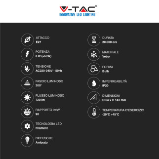 V-Tac VT-1968 Lampadina LED E27 8W Bulb ST64 LED Filament Vetro
