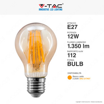 V-Tac VT-2123 Lampadina LED E27 12W Bulb A60 Goccia Filament