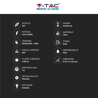 V-Tac VT-2123 Lampadina LED E27 12W Bulb A60 Goccia Filament