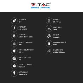 V-Tac VT-2304D Lampadina LED E14 4W Candle Bulb C35 Candela