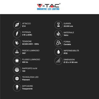 V-Tac VT-2304D Lampadina LED E14 4W Candle Bulb C35 Candela