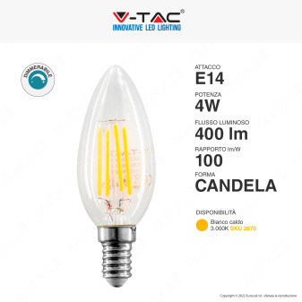 V-Tac VT-2304D Lampadina LED E14 4W Candle Bulb C35 Candela