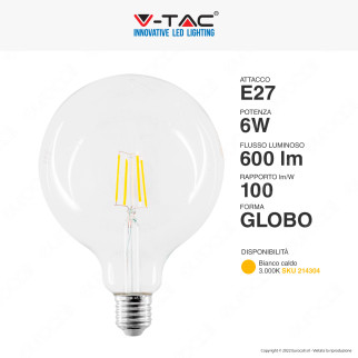 V-Tac VT-1983 Lampadina LED E27 6W Bulb G125 Globo Filament