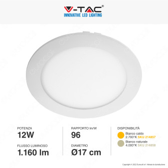 V-Tac VT-1207-RD Pannello LED Rotondo 12W SMD da Incasso con
