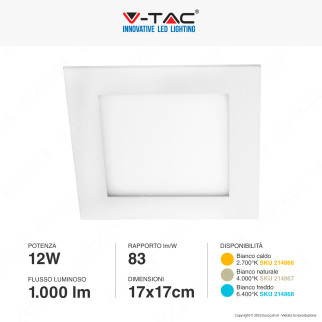 V-Tac VT-1207-SQ Pannello LED Quadrato 12W SMD da Incasso con