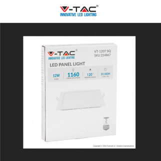 V-Tac VT-1207-SQ Pannello LED Quadrato 12W SMD da Incasso con