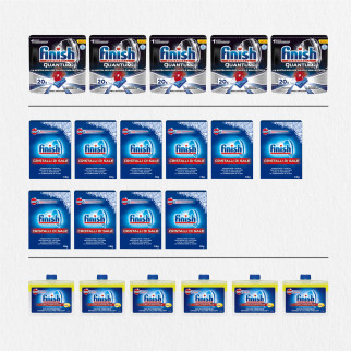 Finish Powerball Quantum Ultimate + Finish Cristalli di Sale + Finish Curalavastoviglie al Limone -