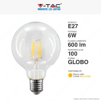 V-Tac VT-1993 Lampadina LED E27 6W Bulb G95 Globo Filament