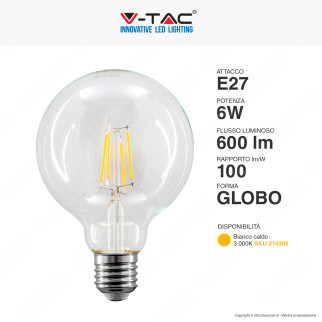 V-Tac VT-1993 Lampadina LED E27 6W Bulb G95 Globo Filament