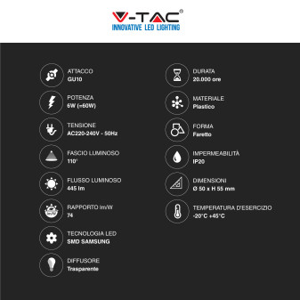 V-Tac VT-247D Lampadina LED GU10 6W Faretto Spotlight SMD Chip