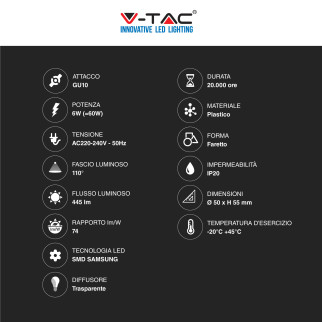 V-Tac VT-247D Lampadina LED GU10 6W Faretto Spotlight SMD Chip