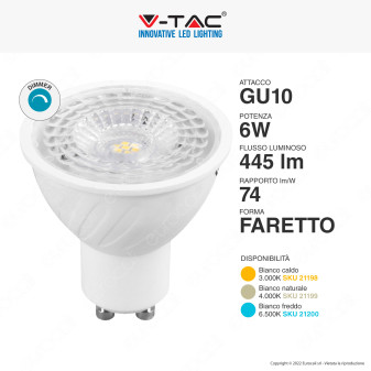 V-Tac VT-247D Lampadina LED GU10 6W Faretto Spotlight SMD Chip