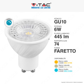 V-Tac VT-247D Lampadina LED GU10 6W Faretto Spotlight SMD Chip