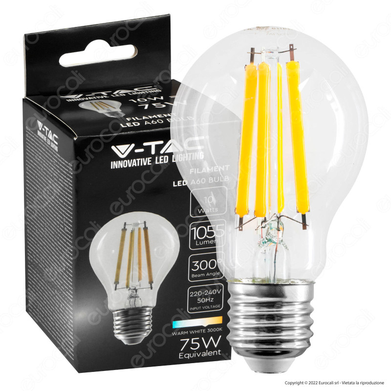 V-Tac VT-1981 Lampadina LED E27 10W Bulb A60 Goccia Filamento