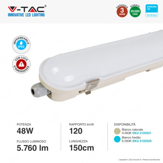 V-Tac VT-150148E Tubo LED Plafoniera 48W Lampadina Chip Samsung IP65 150cm con Batteria di