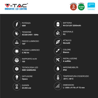 V-Tac VT-150148E Tubo LED Plafoniera 48W Lampadina Chip Samsung IP65 150cm con Batteria di