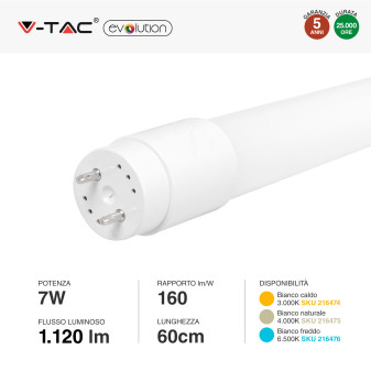 V-Tac VT-1607 Tubo LED SMD Nano Plastic T8 G13 7W Lampadina 60