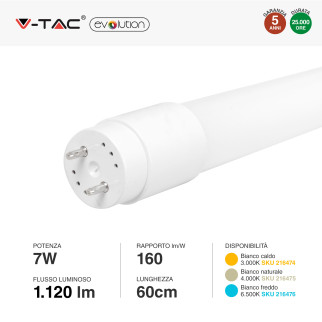V-Tac VT-1607 Tubo LED SMD Nano Plastic T8 G13 7W Lampadina 60
